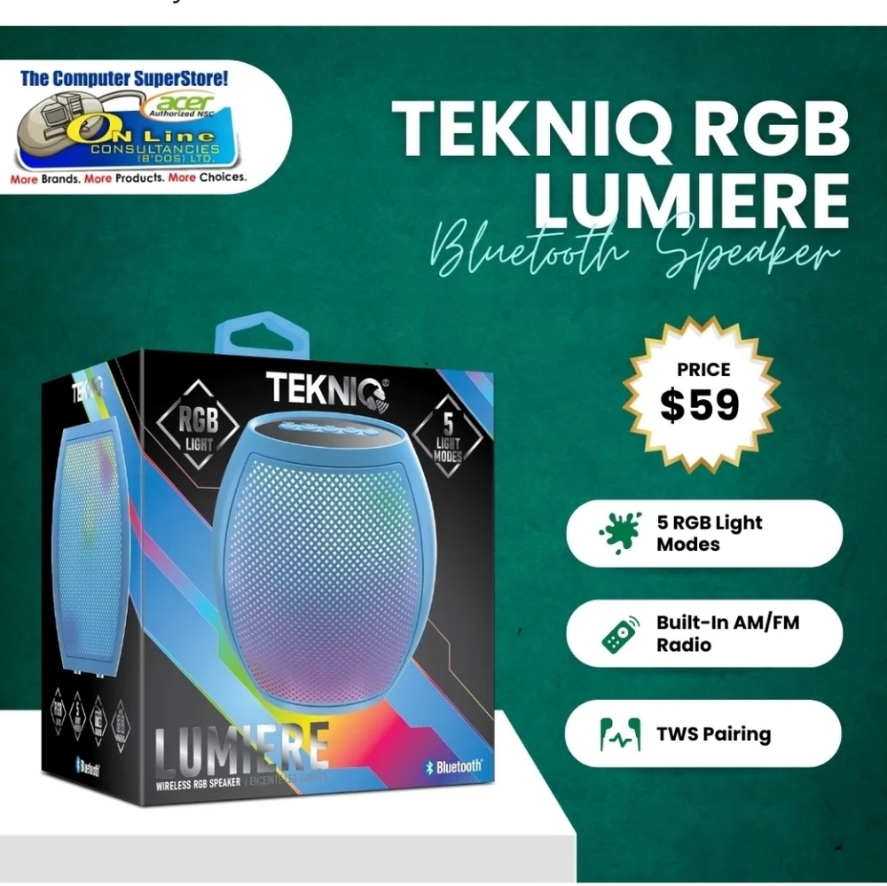 Tekniq Lumiere Bluetooth Wireless RGB Speaker. Radio. 5 Light Modes